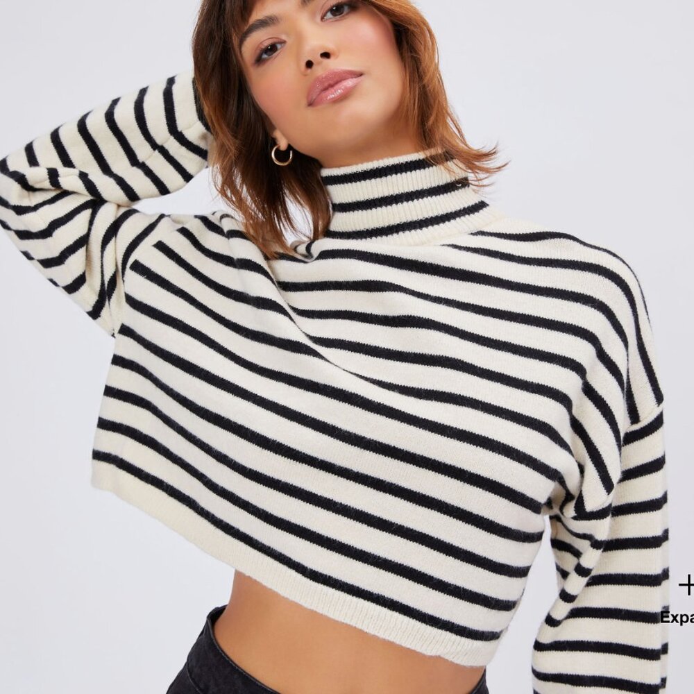 Cider USA Striped High Neck Oversized Crop Sweater